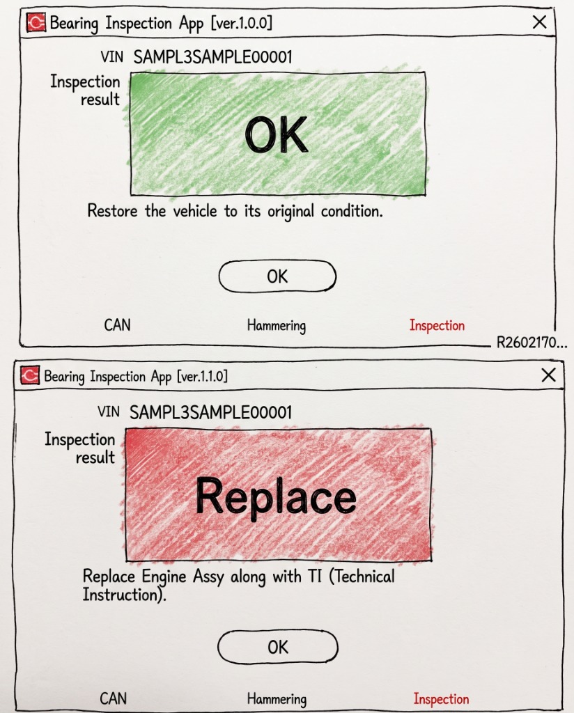 Bearing Inspection App showing OK vs Replace engine assembly result screens