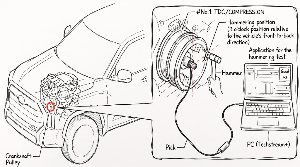 Lexus V35A engine crank bearing hammering test overview diagram with sensor pick and plastic hammer